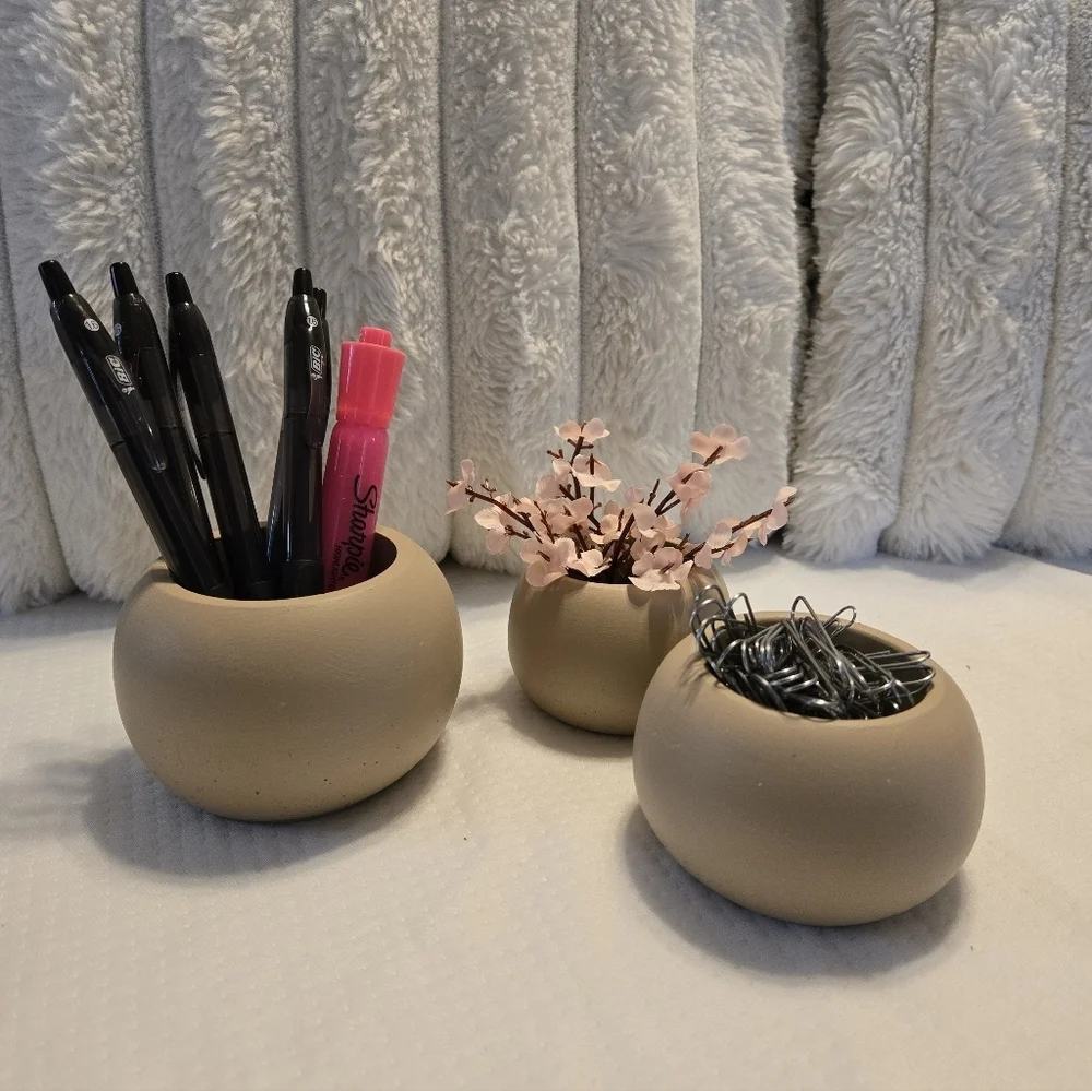 Set of 3 Small Round Ceramic Vase Holder Rustic Cottage Decor